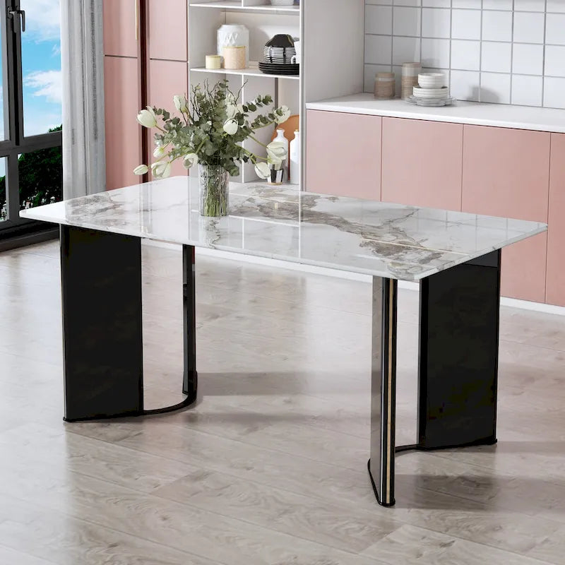 rectangular dining table,white imitation marble tabletop,MDF table legs with gold metal decorative strips