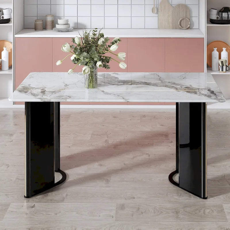 rectangular dining table,white imitation marble tabletop,MDF table legs with gold metal decorative strips