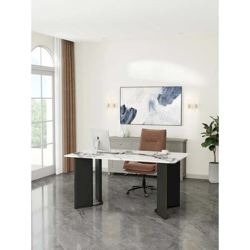 rectangular dining table,white imitation marble tabletop,MDF table legs with gold metal decorative strips