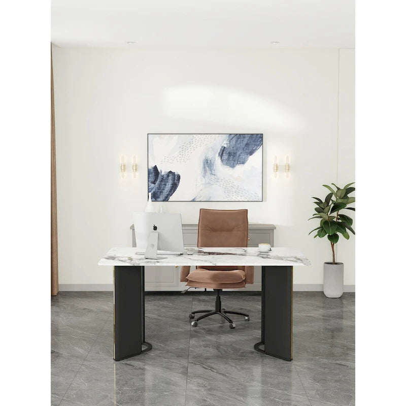 rectangular dining table,white imitation marble tabletop,MDF table legs with gold metal decorative strips