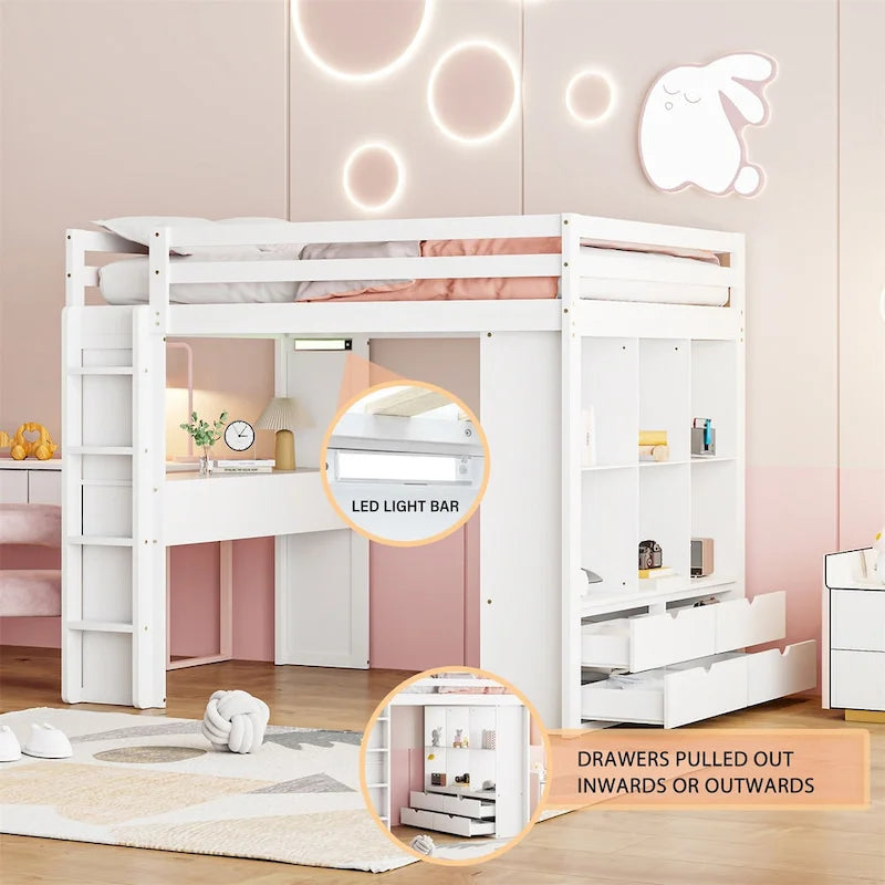 Merax Loft Bed with large shelves, writing desk and LED Light