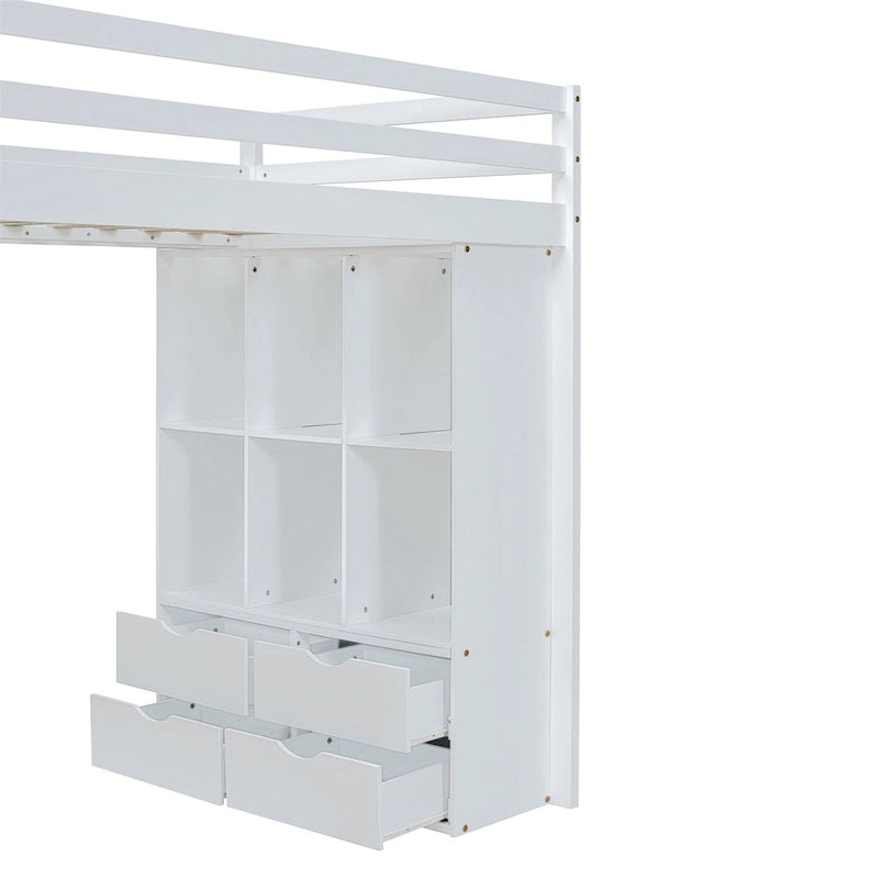 Merax Loft Bed with large shelves, writing desk and LED Light