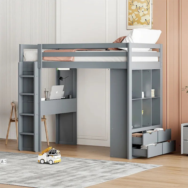 Merax Loft Bed with large shelves, writing desk and LED Light