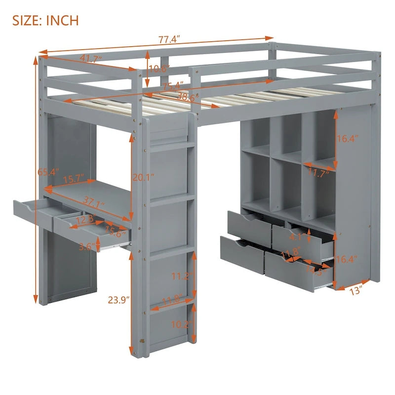 Merax Loft Bed with large shelves, writing desk and LED Light