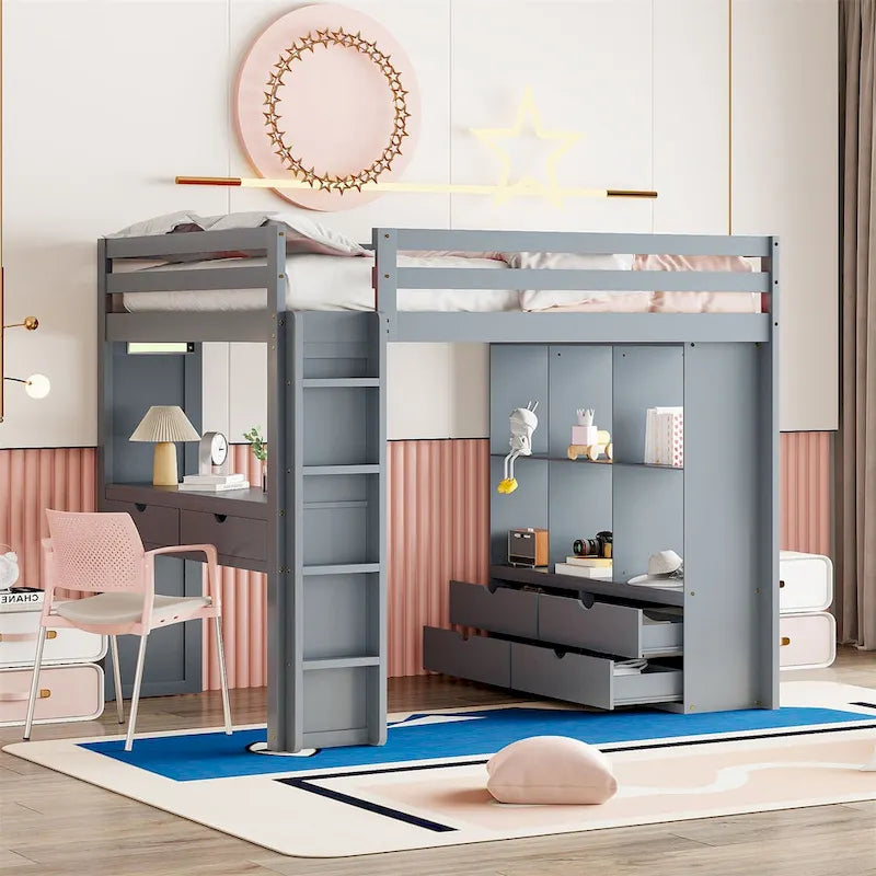 Merax Loft Bed with large shelves, writing desk and LED Light
