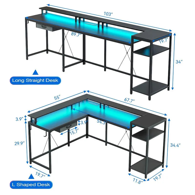 68 Home Office Desk with File Drawer & Power Outlet, LED Lights