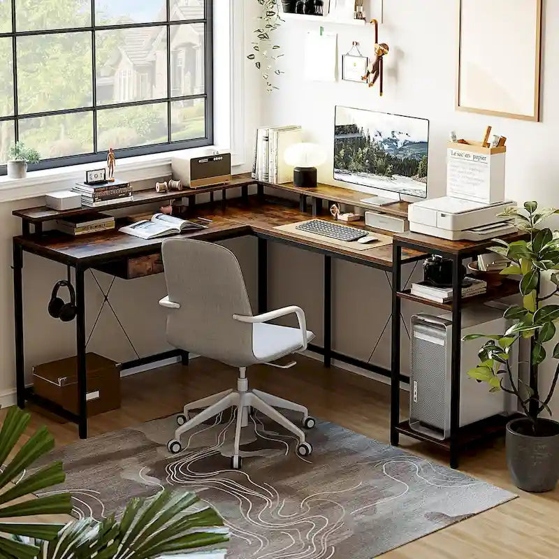 68 Home Office Desk with File Drawer & Power Outlet, LED Lights