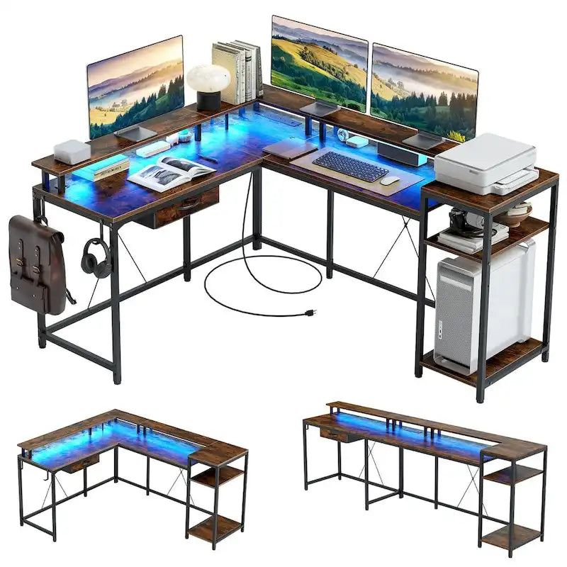 68 Home Office Desk with File Drawer & Power Outlet, LED Lights