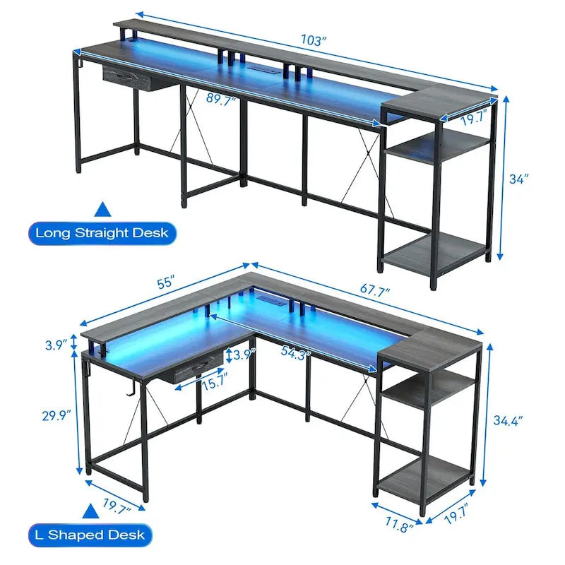 68 Home Office Desk with File Drawer & Power Outlet, LED Lights