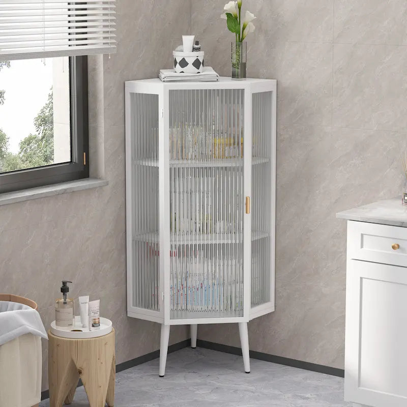 Floor Coner Cabinet, 3 Tiers with Tempered Glass Doors and Storage Shelves