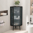 Floor Coner Cabinet, 3 Tiers with Tempered Glass Doors and Storage Shelves