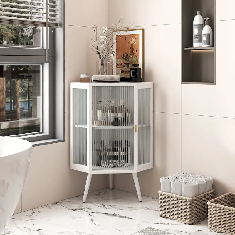 Floor Coner Cabinet, 3 Tiers with Tempered Glass Doors and Storage Shelves