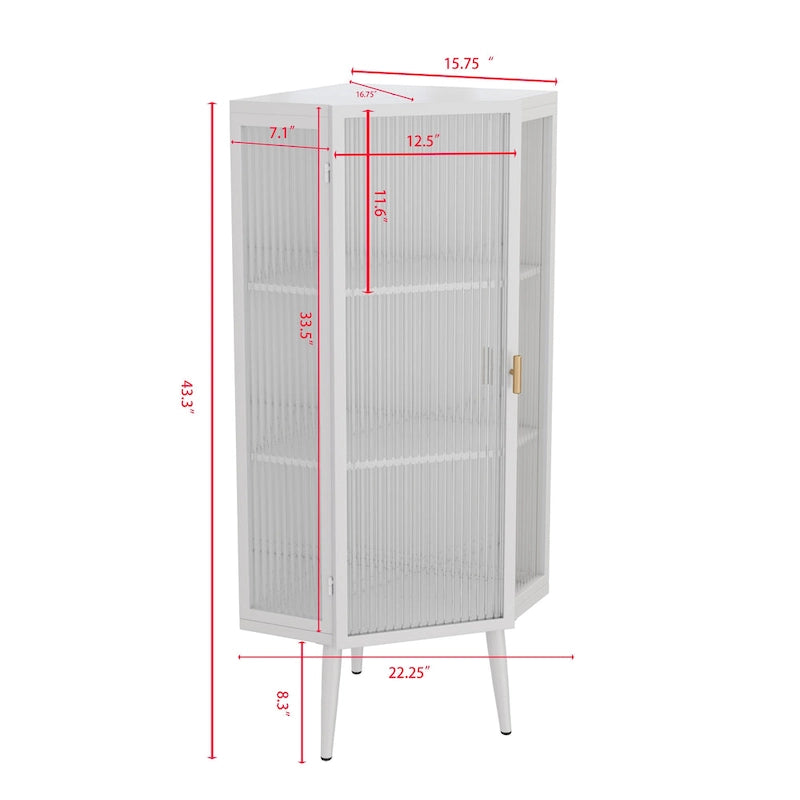 Floor Coner Cabinet, 3 Tiers with Tempered Glass Doors and Storage Shelves