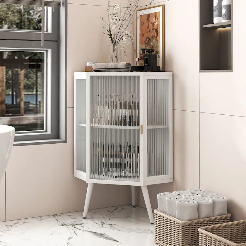 Floor Coner Cabinet, 3 Tiers with Tempered Glass Doors and Storage Shelves