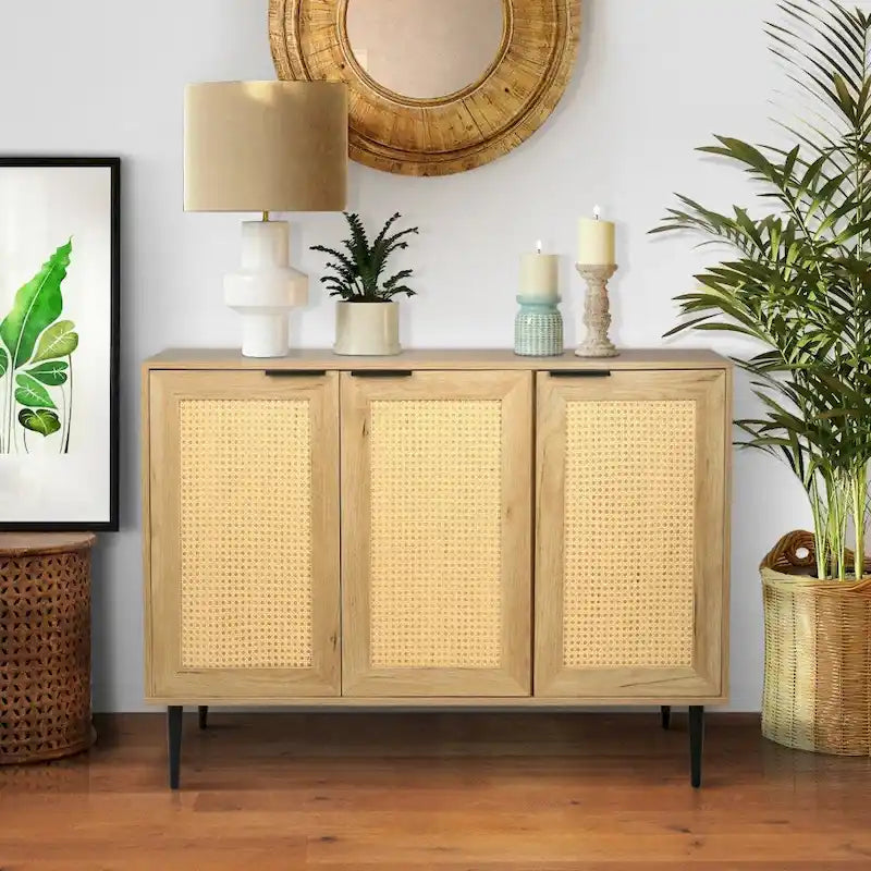 47.24  Wooden Storage Cabinet with 3 Rattan Doors and 3 Shelves