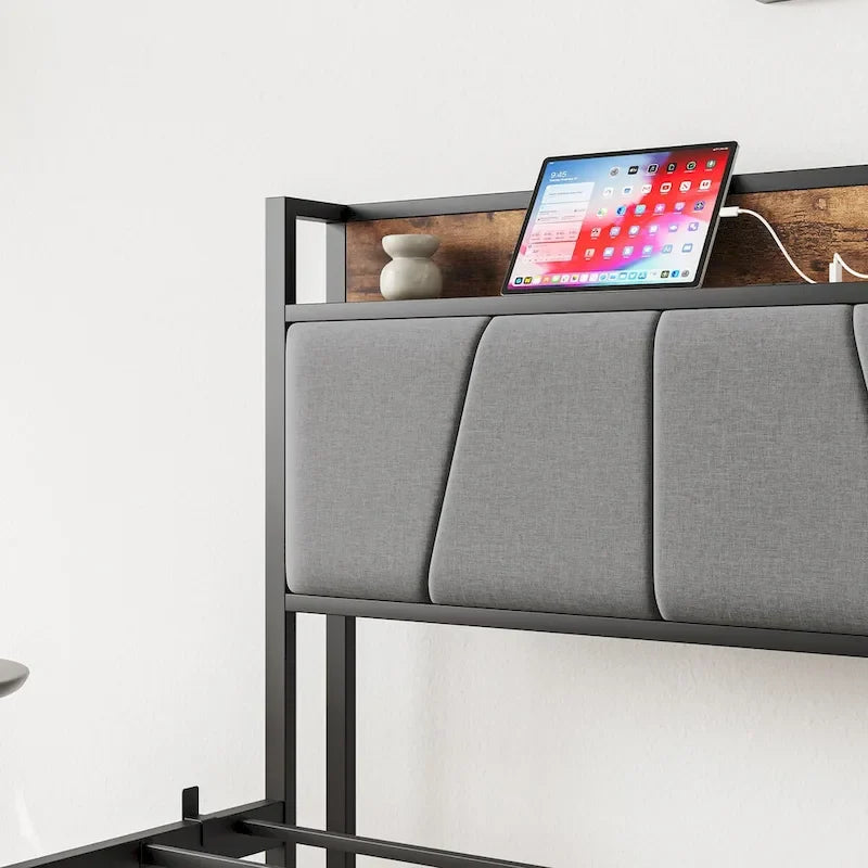 Twin Size Storage Headboard Bed with Charging Station,Easy Assembly