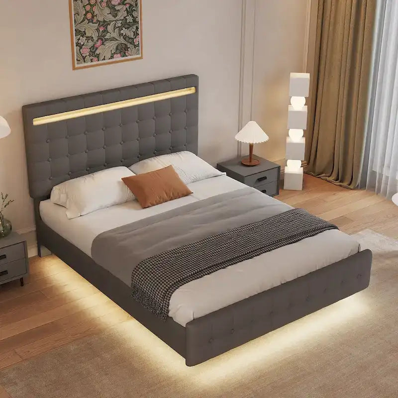 Floating Bed Frame Queen Size with LED Lights, Upholstered Headboard and Footboard Platform Bed, Wood Slats Easy Assembly