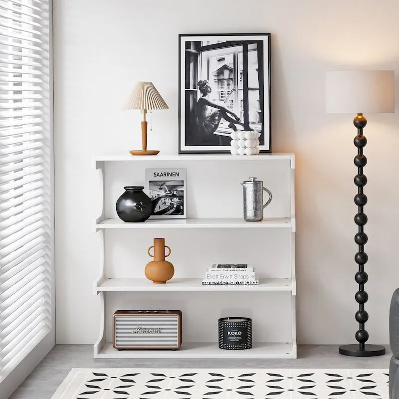 Multifunctional 4-Tier White Book Shelf & Coffee Table, Creative Furniture Floor Bookshelf, Minimalist Organizer Storage Shelves