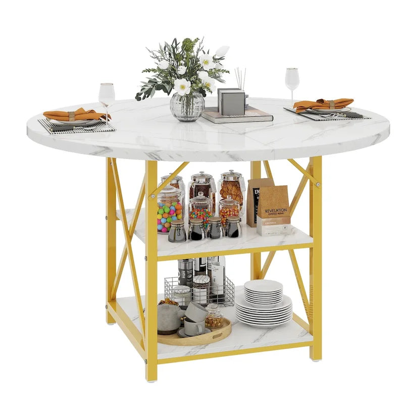Moasis Round Dining Table with Storage Shelves Metal Legs for 4-6 People for Dining Living Room
